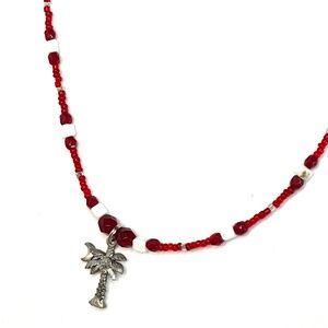 ANN PEDEN RED & WHITE SEED BEADS & PEWTER PALM TREE & MOON  BEACH NECKLACE 16”